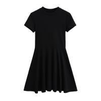 Vestido básico de manga corta de color sólido ajustado de estilo europeo y americano para mujer con cintura y cuello medio alto delgado Empalme de una palabra falda de swing grande - details 17