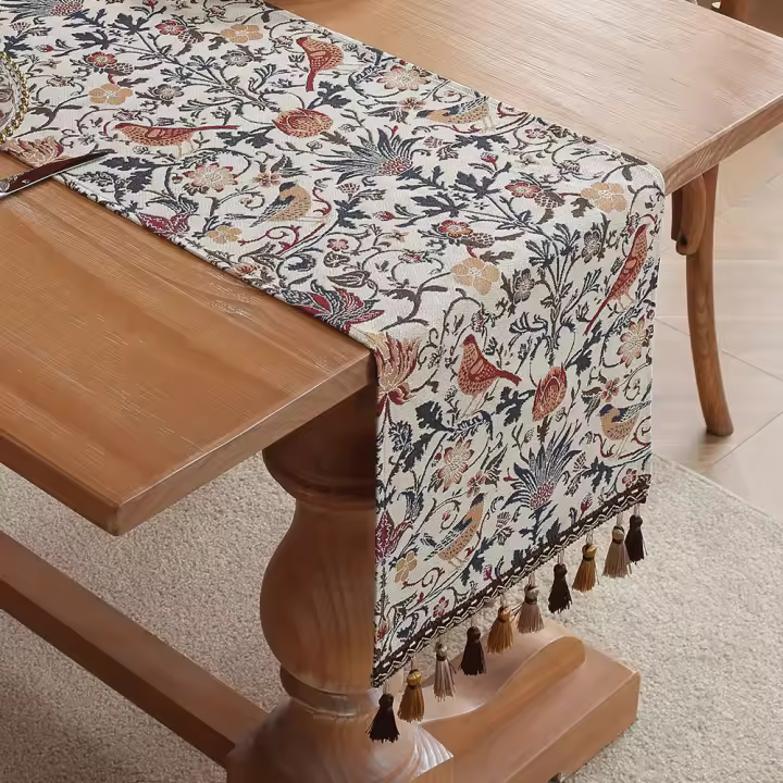 Mantel Individual Jacquard con Flores y Flecos Estilo Bohemio Vintage para Decoración de Mesa - 1