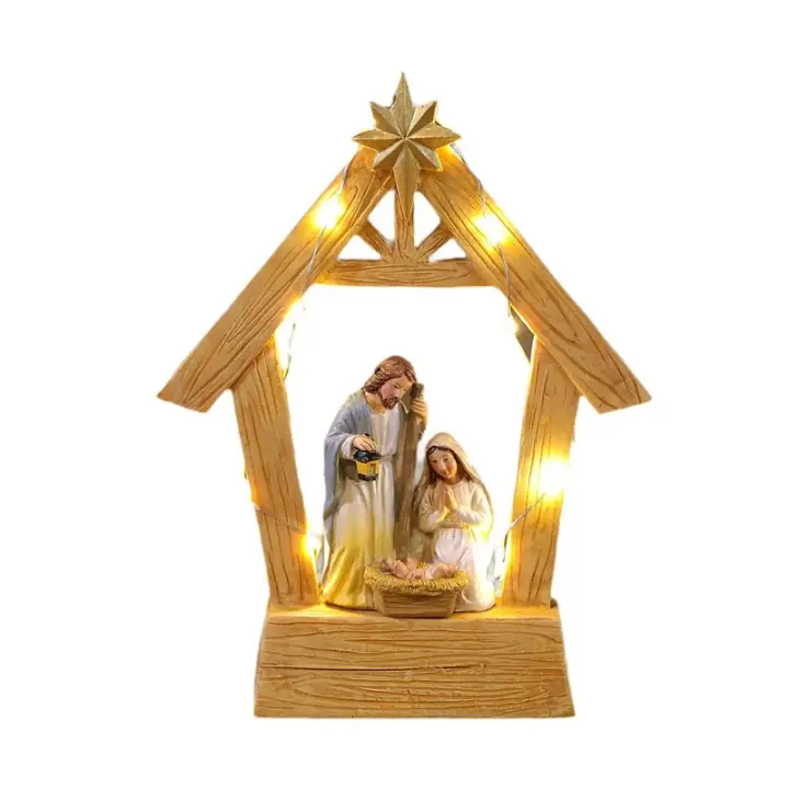 Escena Navideña de Resina Figura de Familia Santral con Estante de Libros - 1