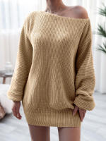 Vestido suéter ose de manga g para mujer con cuello oblicuo, minivestido de punto informal, color sólido, - details 14