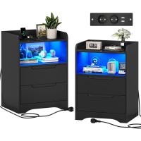 Mesitas de Noche con luces LED y Estación de Carga (2 Tomas AC, 2 Puertos USB) Mesita de Noche Blanca Mesas Auxiliares con 1 compartimento abierto y 2 cajones para Dormitorio Salón - details 56