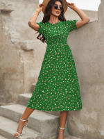 Vestido de mujer, novedad de verano 2025, vestido de longitud media acampanado a la moda con cintura alta y flores redondas para mujer - details 29
