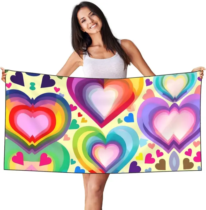 Toalla de piscina de hotel para las cuatro estaciones, playa rizada con estampado en forma de corazón de color arcoíris, alta absorción de agua, varios - 1