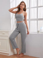 Conjunto de pijama de tres piezas para mujer, artículos para el hogar, top con tirantes de punto de oblea, pantalones largos, t, 2024 - details 9
