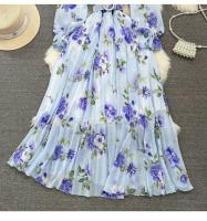 Elegante vestido midi de manga larga con corte en A y falda plisada, cintura ceñida, dobladillo de gasa, estampado floral coreano Sle Commute - details 29
