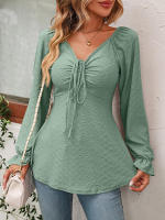 Blusa acampanada de manga larga con cuello en V para mujer, camiseta Sexy con cordón en la cintura, Tops elegantes para primavera y otoño, 2023 - details 16