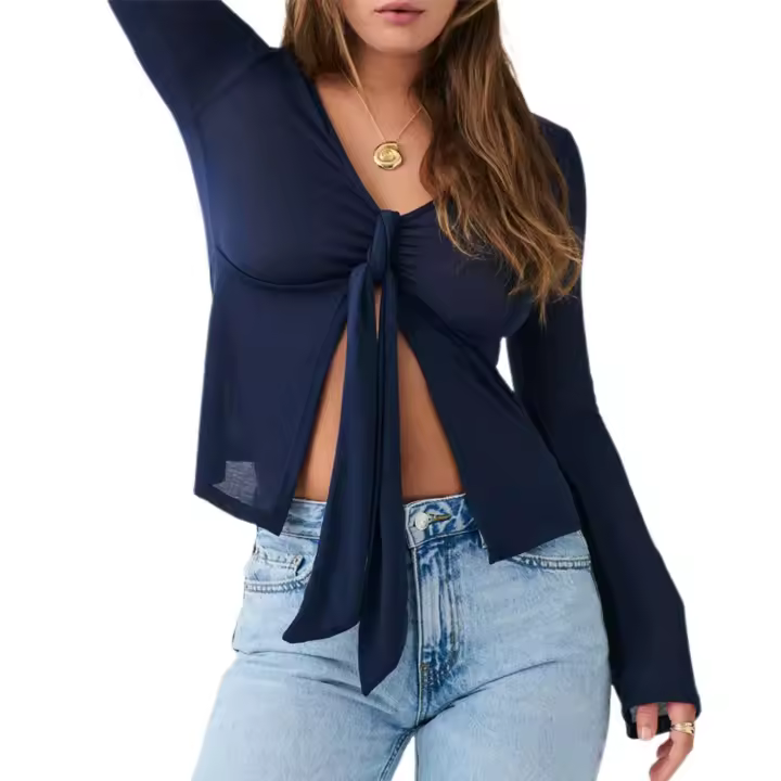 Camiseta Vintage para Mujer Manga Larga, Cuello en V, Laceras en la Frente, Color Sólido, Primavera - 1