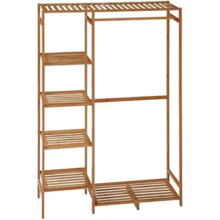 Perchero de Pie de Bambú Perchero para Ropa con Estante de Almacenamiento de 6 Niveles y Varilla Colgante para Salón Dormitorio Entrada 90x30x145 cm Natural - 1