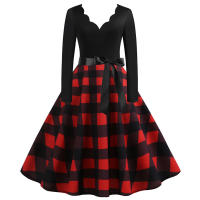 Women plaid print long sleeve vintage a line party dress v neck - details 5