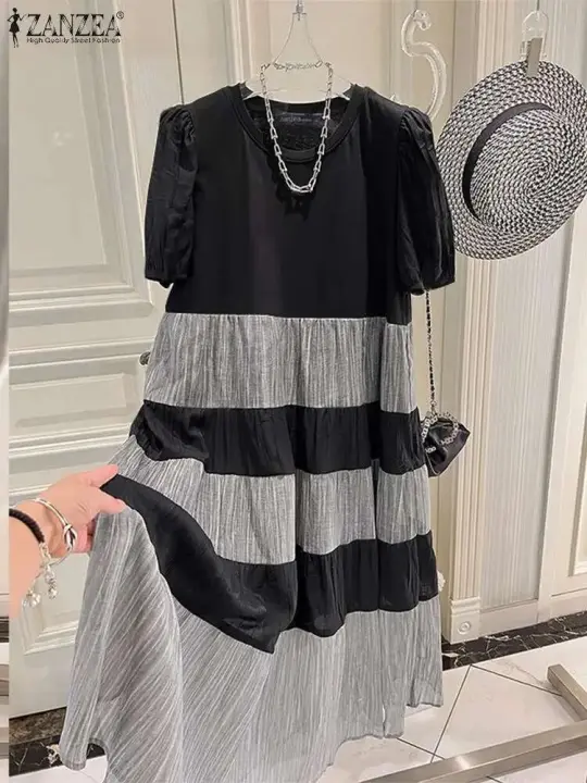 ZANZEA-vestido Midi de Color con cuello redondo, manga corta abombada, elegante, moda coreana, Vestidos arrugados, Vestidos escalonados A-e para mujer - 1
