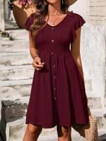Nuevo vestido de manga corta elástico con cintura con botones y cuello en V para mujer - details 23