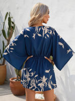 Mini Vestido de playa bohemio para mujer, vestidos informales con estampado Floral, pantalones cortos Dolman, manga azul profunda S - details 7