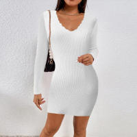 Vestido de Suéter de Punto de Manga Larga con Cuello en V Ajustado Nuevo para Mujer - details 4