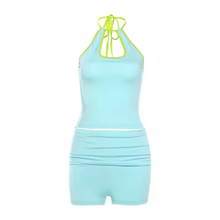 BUNO-Conjunto de Top corto sin mangas y Falda corta para mujer, ropa de playa, Top de tubo con cuello Halter, traje de ocio ajustado de tiro bajo, traje con contraste de Color - 1