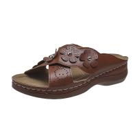 Women Floral Decor Cross Strap Slides Shoes Open Toe Low Wedge Sandals Hollow Out Solid Color Slippers - details 8