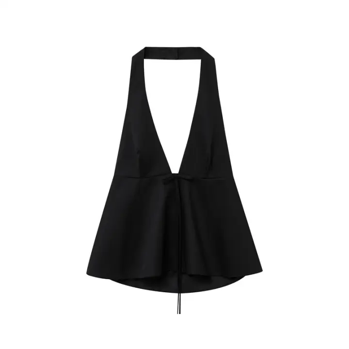 Ouwu-top Informal Con Cuello Halter Para Mujer, Top Elegante Sin Mangas Con Cuello En V, Camiseta Sin Mangas Con Lazo, Ropa De Calle Formal Con Cremallera Lateral, Chaleco Elegante - 1