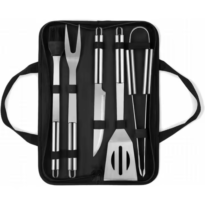 Herramienta de BBQ Barbacoa Set de 5 Piezas en Acero Inoxidable con Caja de Transporte Accesorios de Parrilla con Pinzas Espátula Completo Kit de Herramientas - 1