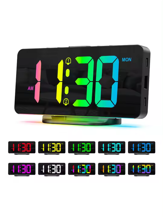 ORIA Despertador digital RGB, 7 pulgadas, reloj de mesa moderno con 11 colores de letra, 4 brillos/2 niveles de volumen, repetición, 12/24 H, cable de carga tipo C (1,5 m), para hogar, oficina, - 1