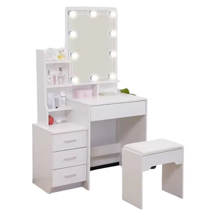 taburete, mesa de maquillaje de piel sintética con 7 estantes y 4 cajones, tocador para mujeres - 1
