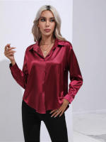 Camisa de manga larga para mujer, camisa elegante de color, satén, imitación de seda - details 2
