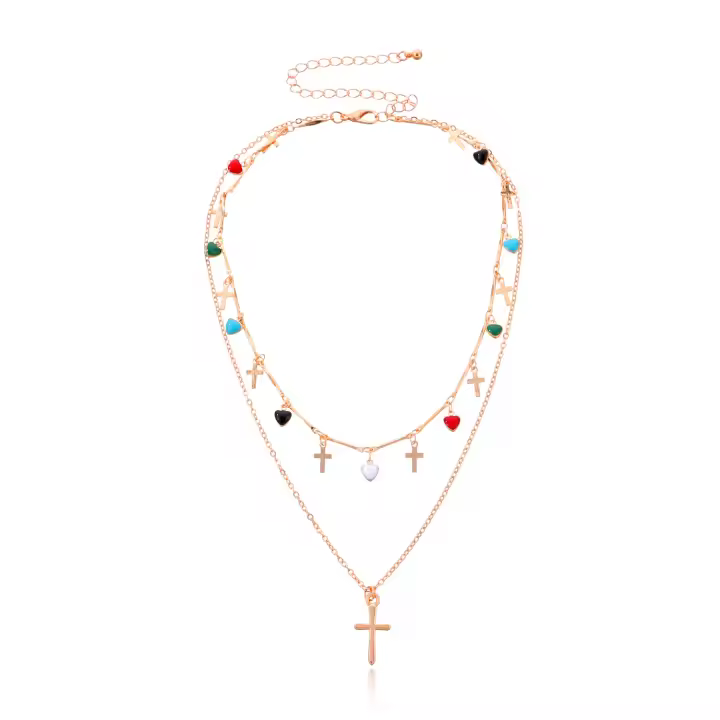 Colgante de cruz Simple a la moda para mujer, collar con borlas de gemas coloridas de amor esmaltado - 1