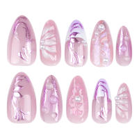 24pcs Uñas Postizas De Almendra Con Diseño De Flores 3D Y Gradiente Morado Aurora Uñas Falsas Wearables Franch ABS Para Bodas - details 1