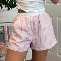 Pantalones cortos básicos cómodos e informales sueltos con botones de cintura elástica tejidos a rayas de verano para mujer - details 41