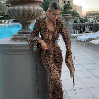 Vestido con volantes y estampado de leopardo para mujer, ropa ajustada de manga larga con cuello en V profundo, Sexy, a la moda - details 5