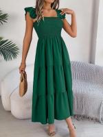 Escote cuadrado de verano con mangas anchas y pliegues, vestido informal de algodón transpirable para playa o uso diario, estilo bohemio - details 18