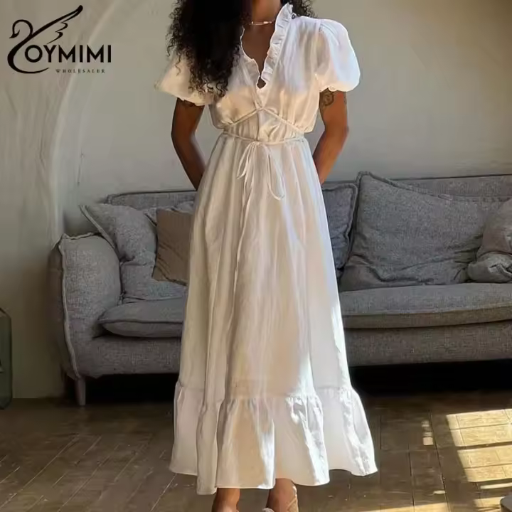 Vestidos elegantes de algodón blanco para mujer, ropa de manga corta con cuello en V y cordones, holgada hasta el tobillo, verano - 1