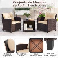 Conjunto de jardín exterior de ratán de 3 piezas, 1 mesa auxiliar de vidrio templado y 2 sillas con cojines, muebles de jardín terraza balcón exterior (negro) - details 30