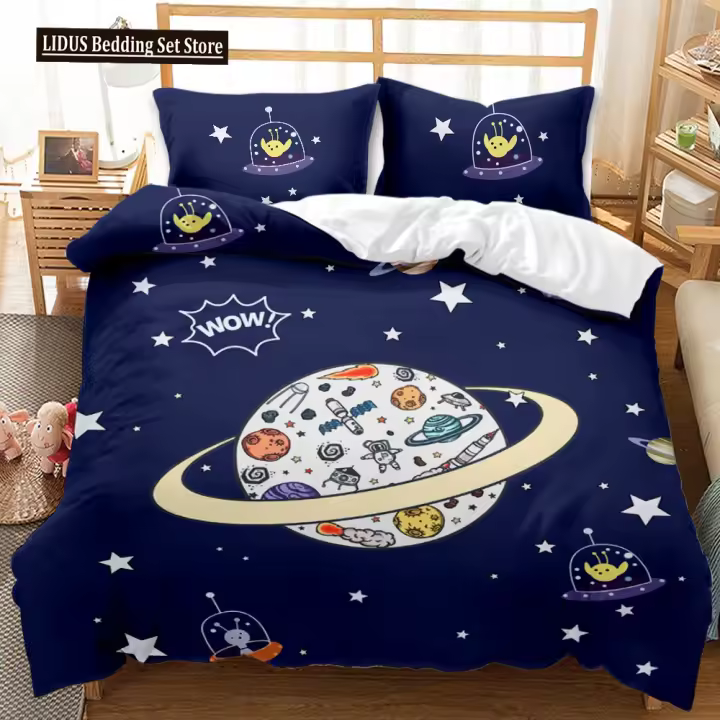 Juego de funda nórdica de astronauta, juego de cama espacial 3D para chico, niña, adolescente, cielo, galaxia, funda de edredón de poliéster con temática, tamaño Queen y King - 1