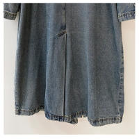 Abrigo de mezclilla largo para mujeres, trench de otoño e invierno, de manga larga, con cuello tipo chal, doble botonadura, con - details 11