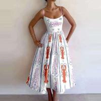 Verano Boho mujer moda pescado y camarón estampado cuello en U cintura plisada con tirantes grandes vestido Maxi Vestidos - details 0