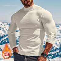 Camisa de manga larga para hombre, top ajustado con cuello alto, color sólido, terciopelo - details 29