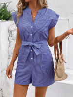 Mono de verano a rayas para mujer, mono de manga corta, pantalones cortos - details 8