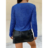 Chaqueta de manga larga con cuello redondo y lentejuelas para mujer, abrigo corto elegante de Color liso para primavera y otoño - details 7