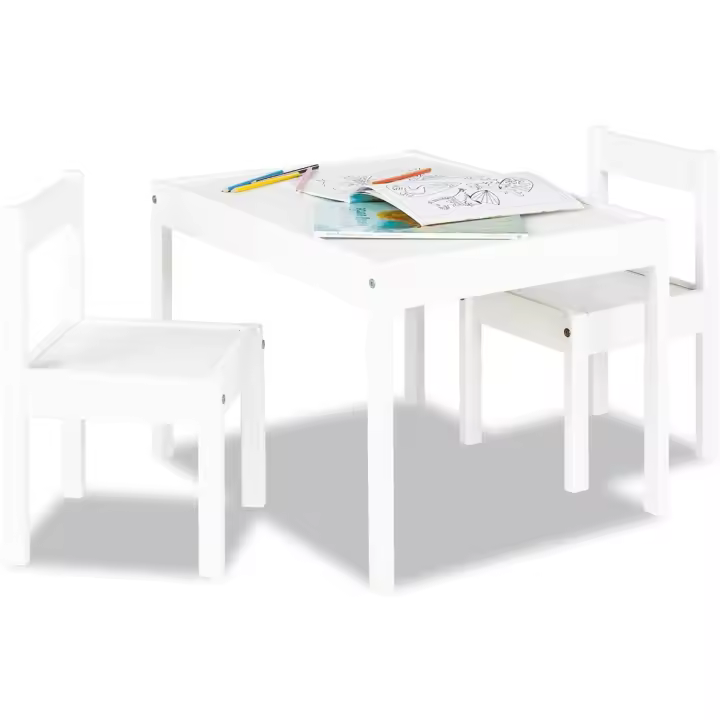 Grupo de Asientos Infantiles 'Sina', 3 piezas, de madera, 2 sillas y 1 mesa, para niños a partir de 2 años, lacado en blanco - 1