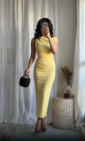 Elegante Vestido Amarillo con Pliegues Cuello Redondo, Ajuste Delgado, Sin Mangas, Ropa de Verano para Mujeres - details 2