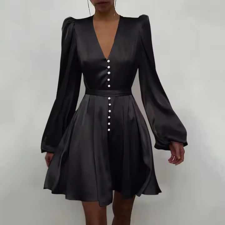 Elegante Vestido Mini de Cintura de Guapa Color Sólido, Diseño de Botones, Estilo Francés, Moda para Mujeres - 1