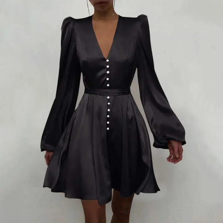 Elegante Vestido Mini de Cintura de Guapa Color Sólido, Diseño de Botones, Estilo Francés, Moda para Mujeres - 1