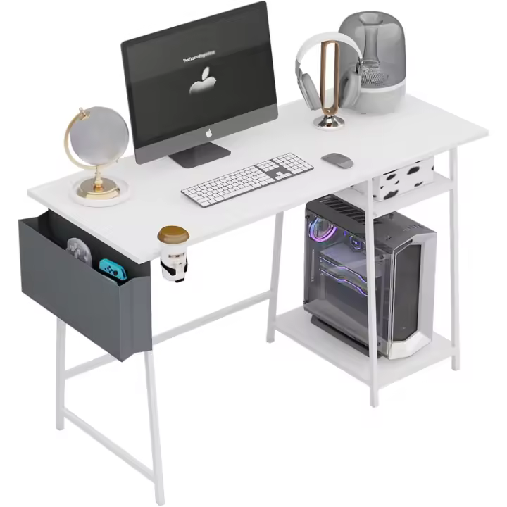 Escritorio Para Computadora De 110 Cm Con Estantería, Escritorios Gaming, Mesas De Estudio Para Laptop Con Estructura Metálica, Madera Con Estantes Flotantes, Para Dormitorio Y Sala De Estar, Blanco - 1