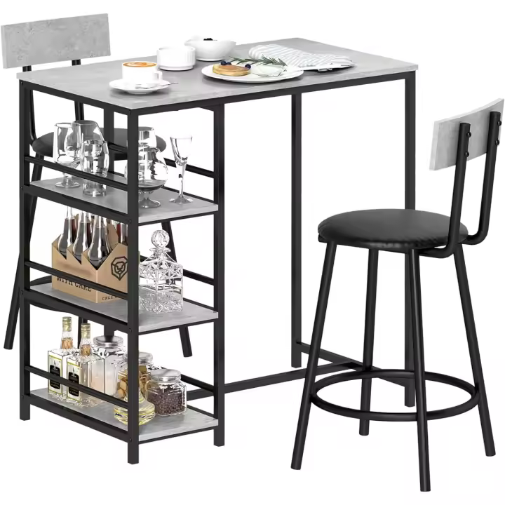 Conjunto de mesa alta de bar con 2 taburetes Mesa alta de cocina con taburetes Estantes laterales Asiento acolchado y barra para reposar los pies para comedor Gris oscuro - 1