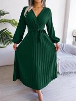 Vestido largo plisado con dobladillo grande para mujer, vestido cruzado de Color liso con cuello en V, moda de primavera y verano - details 12