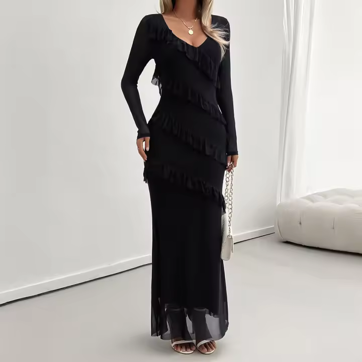 Vestido de malla con cuello en V, elegante y entallado, de manga larga para mujer, otoño invierno - 1