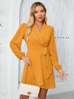 Elegante Vestido Corto para Mujer con Cuello en V Color Sólido Manga Larga - details 11