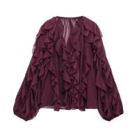 2025 Loose Floral Long Sleeve with Decorative Layered V-Neck Summer Novelty Simple Temperament Shirt for Women - details 2