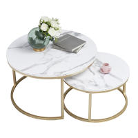 Mesa de centro con textura de mármol para sala de estar, 2 piezas, sofá lateral, mesa redonda de té, 2 en 1, combinación de muebles, Blanco dorado - details 5