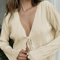 Camisas lisas plisadas para mujer, cárdigan acampanada de manga larga con cuello en V, Tops informales para fiesta y calle - details 2