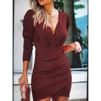 2025 cintura de ráfaga mostrar fino color sólido cuello en V manga larga falda ajustada folk viento club nocturno vestido mujer - details 4